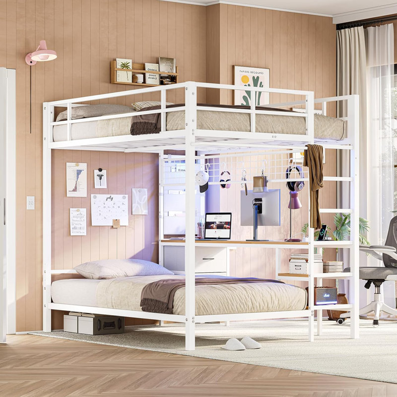 Bunk Bed Frame with Desk and Charging Station Metal Twin Size Loft Bed with LED Lights Storage Shelves and Drawers for Teen Adults Safety Guard